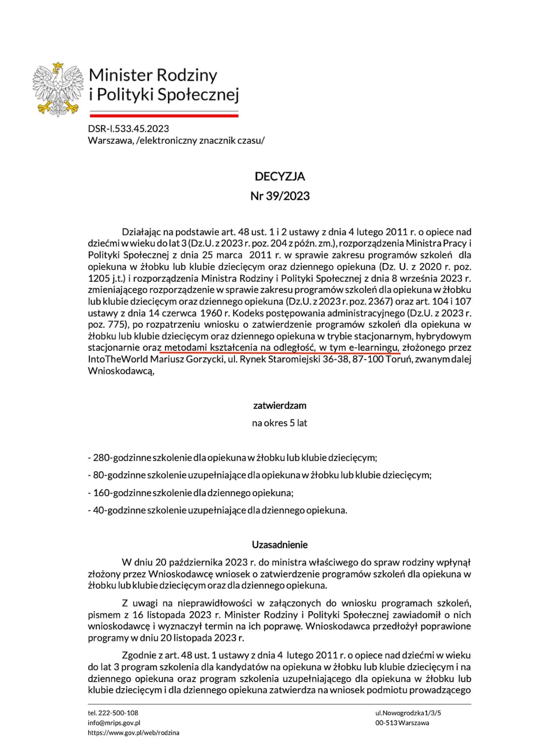 Decyzja Ministra Rodziny i Polityki Społecznej nr 39/2023 zatwierdzająca programy szkoleń